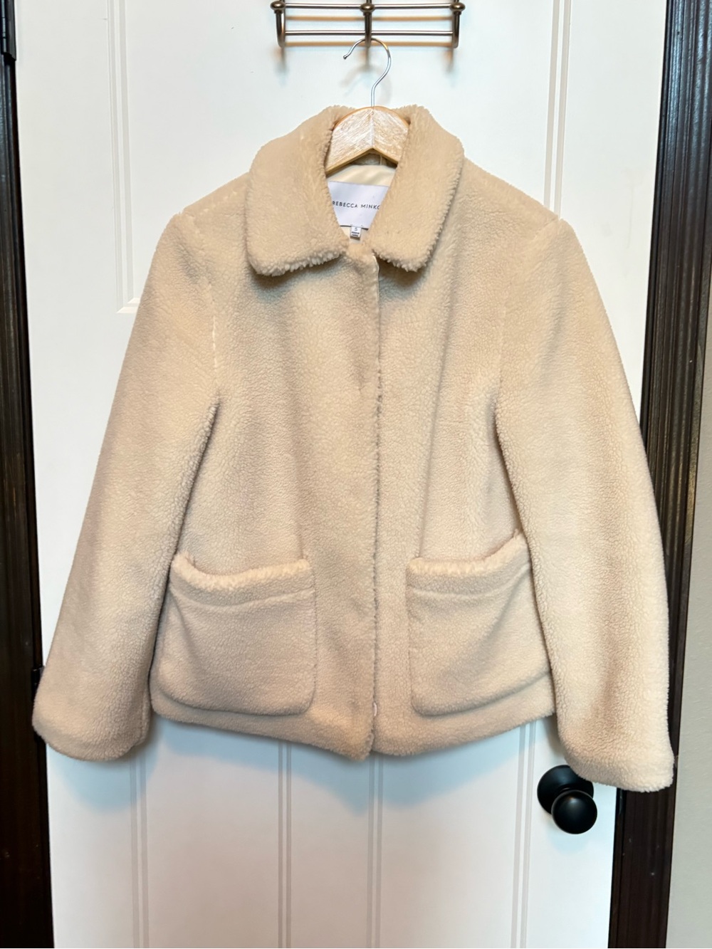 Rebecca Minkoff Cream Harley Teddy Sherpa Fleece Jacket Cozy Patch Pocket Small